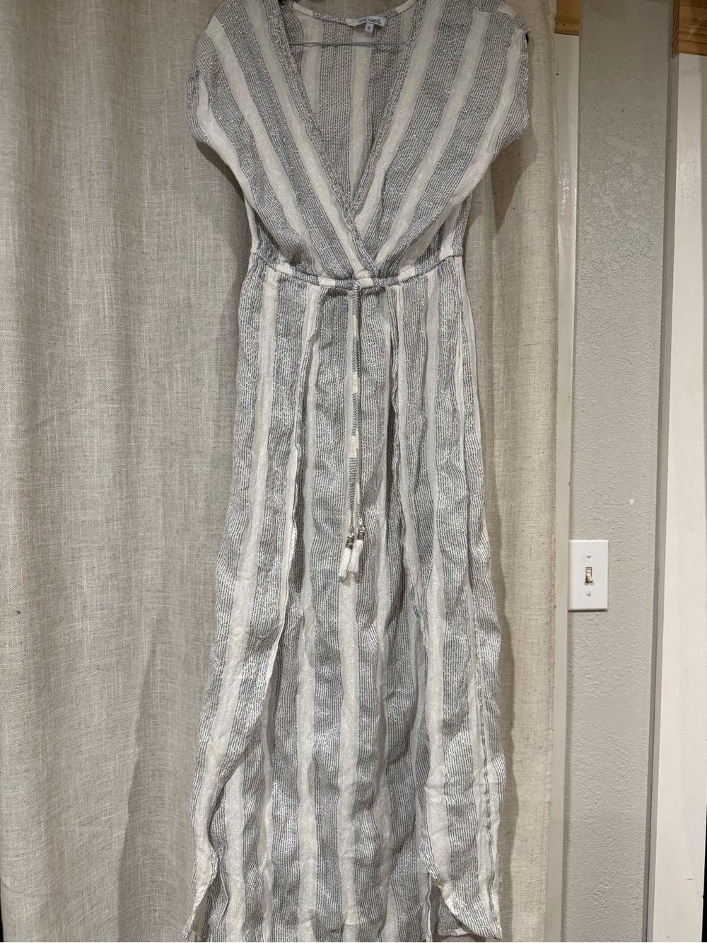 blue island Gray and White Striped V-Neck Maxi Coverup